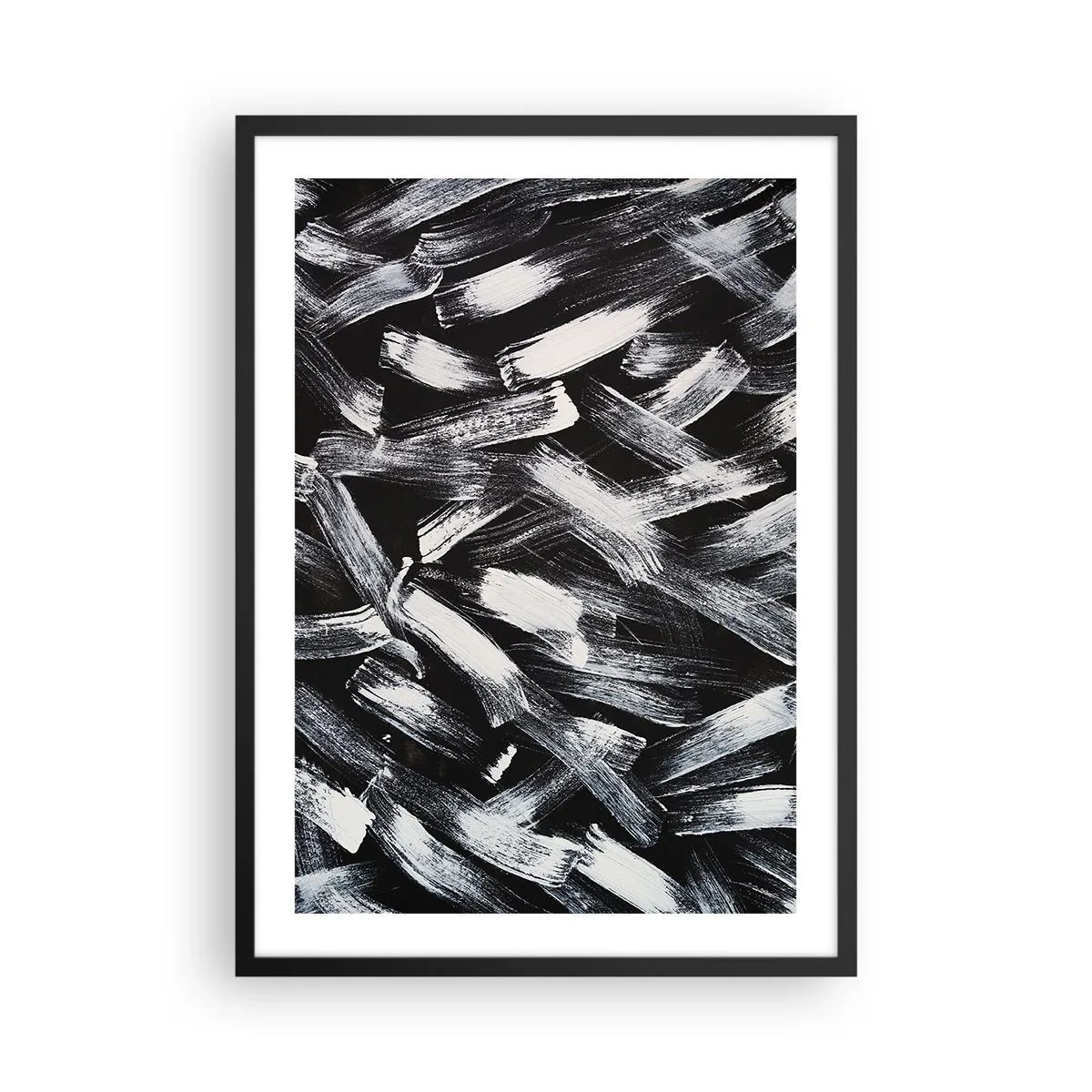 Poster in een zwarte lijst - Abstracte witte penseelstreken op een zwarte achtergrond - 50x70cm - Abstractie in de industriële spirit - Moderne wanddecoratie voor woonkamer en slaapkamer ARTTOR