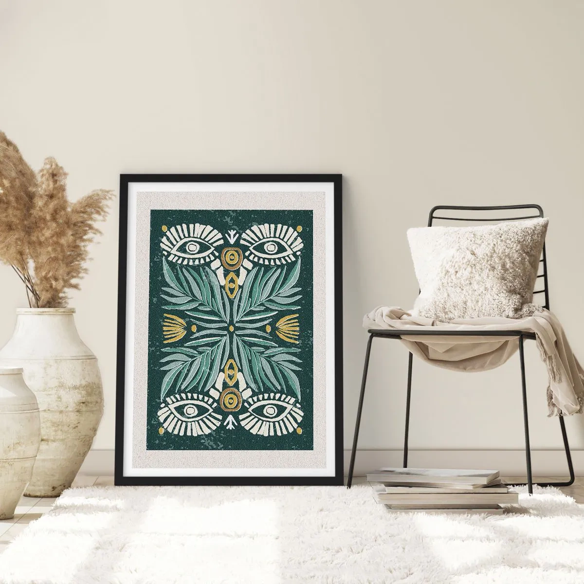 Poster in een zwarte lijst - Symmetrisch patroon met bladeren en ogen op een donkere achtergrond - 50x70cm - Als een volksuitsnede - Moderne wanddecoratie voor woonkamer en slaapkamer ARTTOR