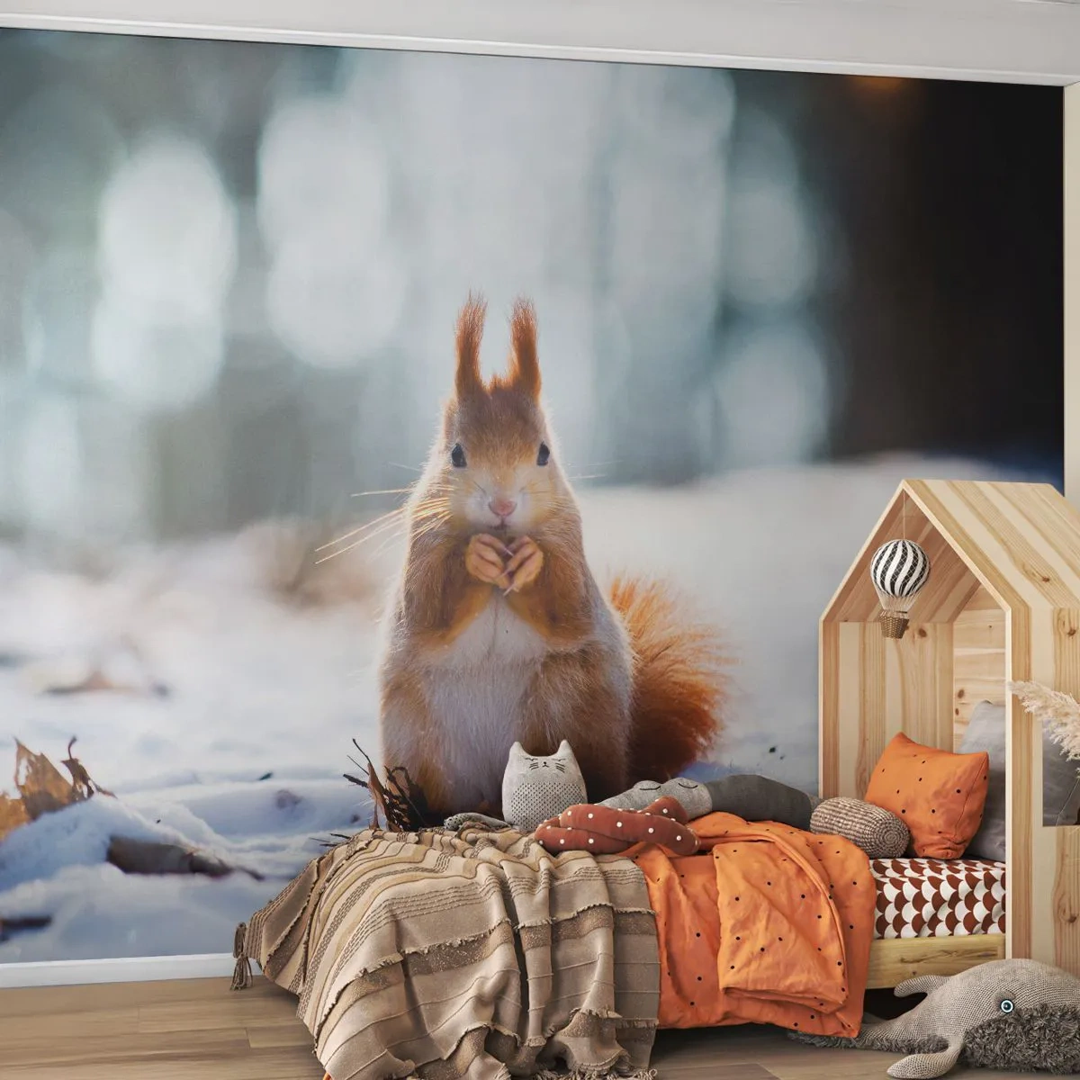 Fotobehang Premium Canvas - Waar kijk je naar? - Dieren, Eekhoorn, Winter - 400x280 cm