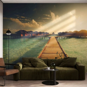 Fotobehang Standard Eco - Een warme uitnodiging - Maldiven, Landschap, Huizen aan het water - 350x256 cm