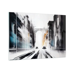 Schilderen op glas - Een dynamische stadsstraat met auto's en een boog op de achtergrond in schilderachtige stijl. - 70x50cm - Stadsstudie: architectuur en beweging - Moderne wanddecoratie voor woonkamer en slaapkamer ARTTOR
