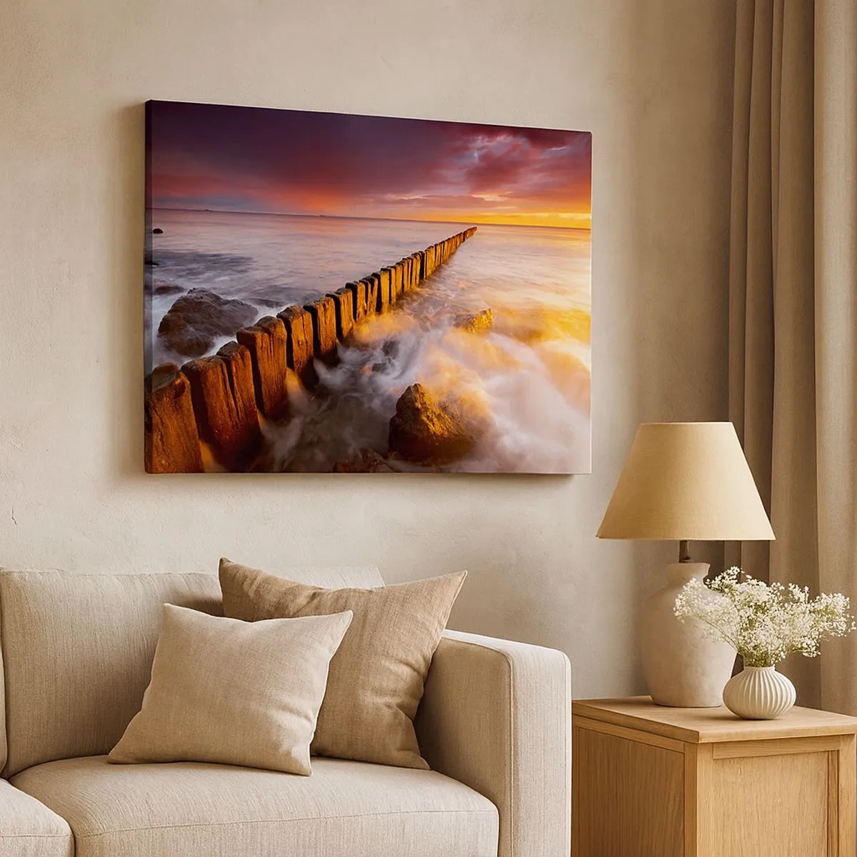 Schilderen op canvas - Een schilderachtig landschap aan zee bij zonsondergang - 70x50cm - De zachtheid van de golven - Moderne wanddecoratie voor woonkamer en slaapkamer ARTTOR