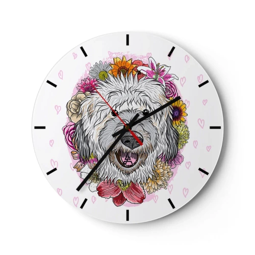 Wandklok - Klok - Illustratie van een hond omringd door bloemen en harten - 30x30cm - Puppy vreugde - Moderne wanddecoratie voor woonkamer, keuken en slaapkamer ARTTOR