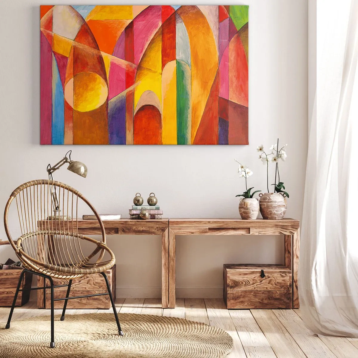 Schilderen op canvas - Een abstracte compositie vol kleurrijke geometrische vormen. - 70x50cm - Kathedraal van de zon - Moderne wanddecoratie voor woonkamer en slaapkamer ARTTOR