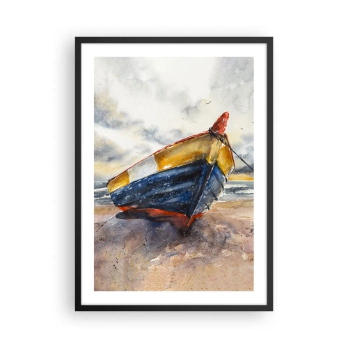 Poster in een zwarte lijst - Aquarelboot op het strand bij zonsondergang - 50x70cm - Rust aan de kust - Moderne wanddecoratie voor woonkamer en slaapkamer ARTTOR