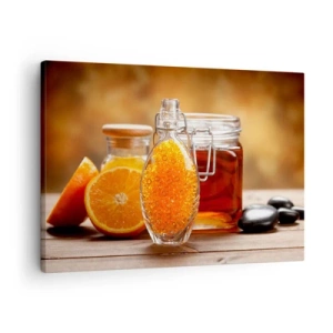 Schilderen op canvas - Een fles amberkleurige vloeistof en verse sinaasappels - 70x50cm - Zonnige smaken en aroma's - Moderne wanddecoratie voor woonkamer en slaapkamer ARTTOR