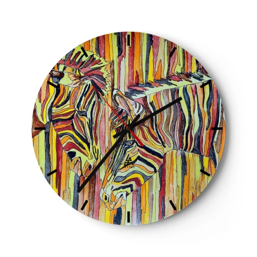 Wandklok - Klok - Een abstracte afbeelding van twee zebra's tegen een achtergrond van kleurrijke strepen. - 30x30cm - Dus jij ook... - Moderne wanddecoratie voor woonkamer, keuken en slaapkamer ARTTOR