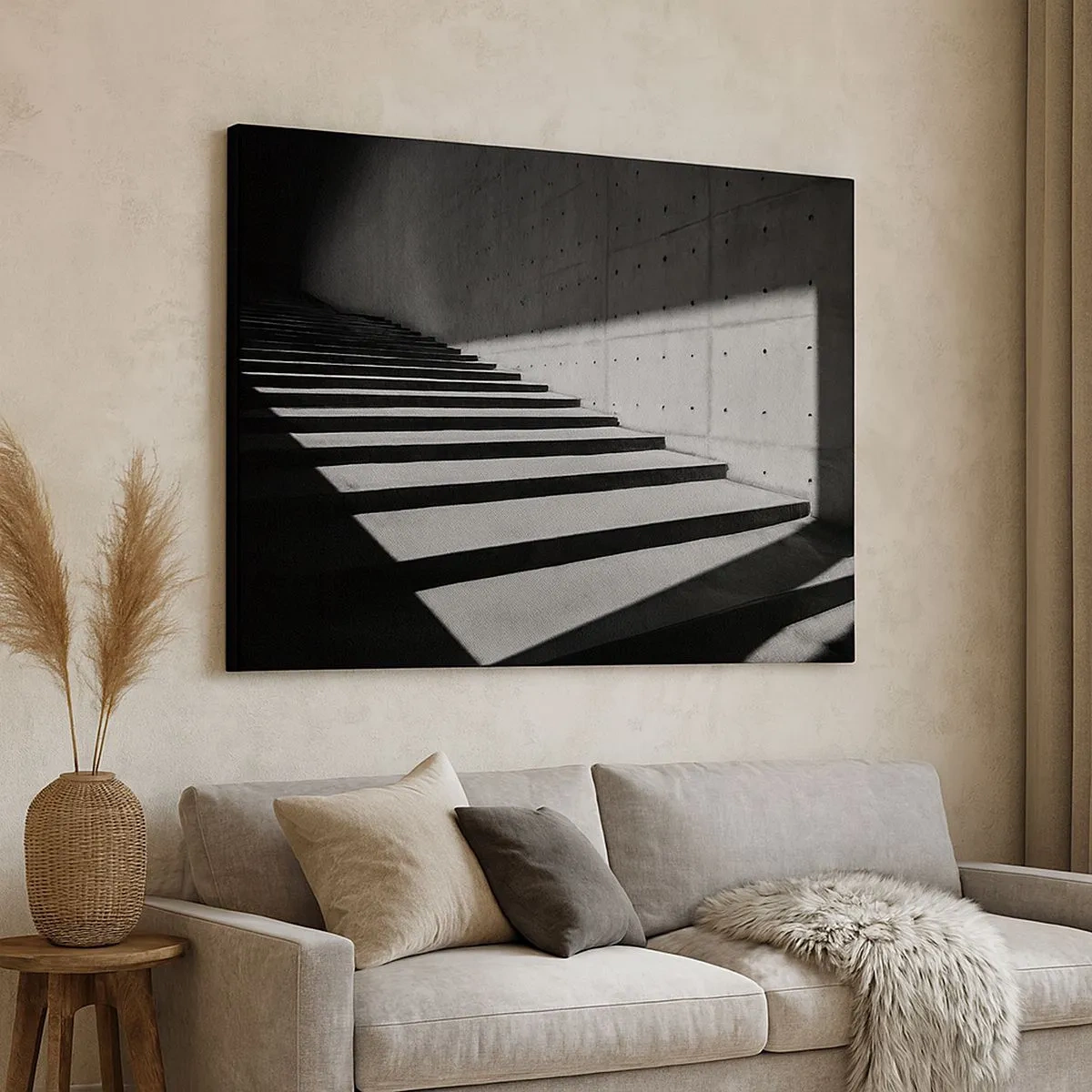 Schilderen op canvas - Trap in minimalistische stijl in zwart-wit - 70x50cm - De rauwe schoonheid van het modernisme - Moderne wanddecoratie voor woonkamer en slaapkamer ARTTOR