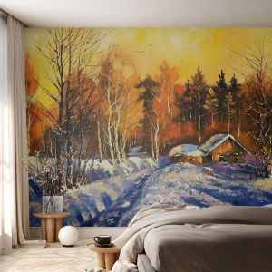 Fotobehang Premium Sand - Winter impressie in de zon - Landschap, Winter, Berghuisje - 100x70 cm