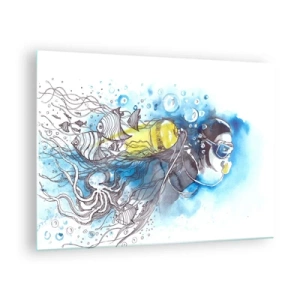 Schilderen op glas - Duiker onder water met vis in artistieke aquarel - 70x50cm - Geweldig blauw - Moderne wanddecoratie voor woonkamer en slaapkamer ARTTOR