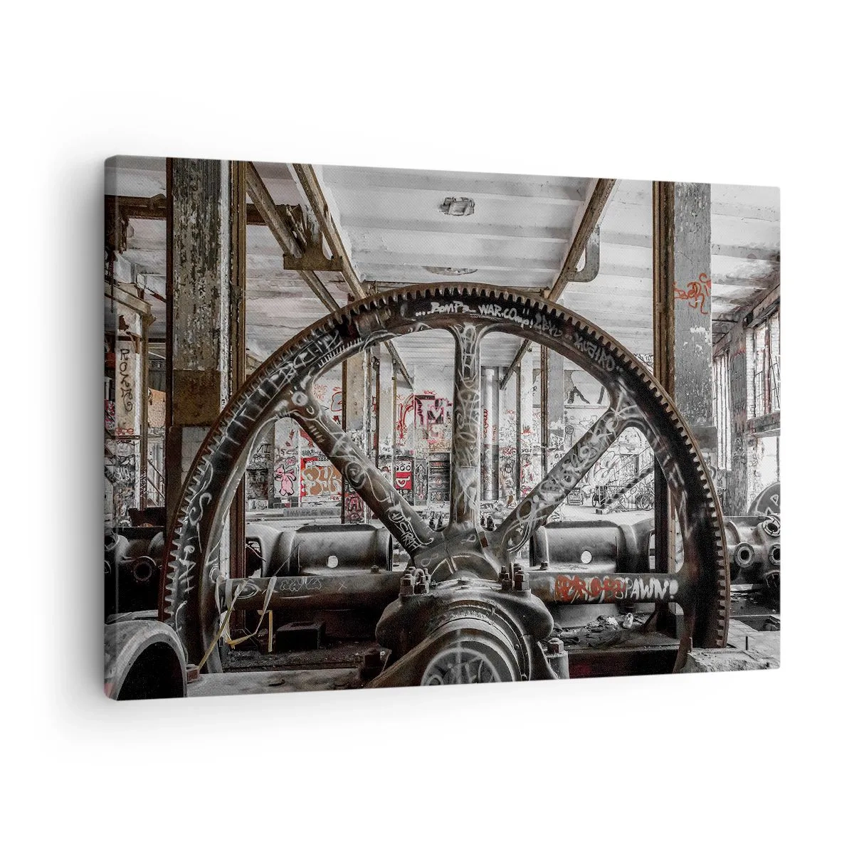 Schilderen op canvas - Een oud mechanisme in een verlaten industrieel interieur - 70x50cm - Het geheime leven van de fabriek - Moderne wanddecoratie voor woonkamer en slaapkamer ARTTOR