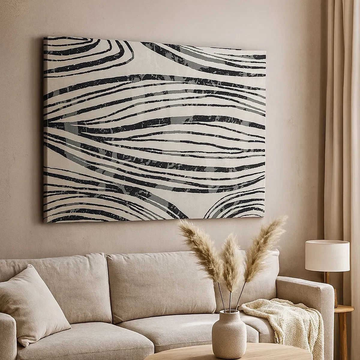 Schilderen op canvas - Abstracte golven in zwart-wit tinten - 70x50cm - Lijnoverstromingsvlakte - Moderne wanddecoratie voor woonkamer en slaapkamer ARTTOR
