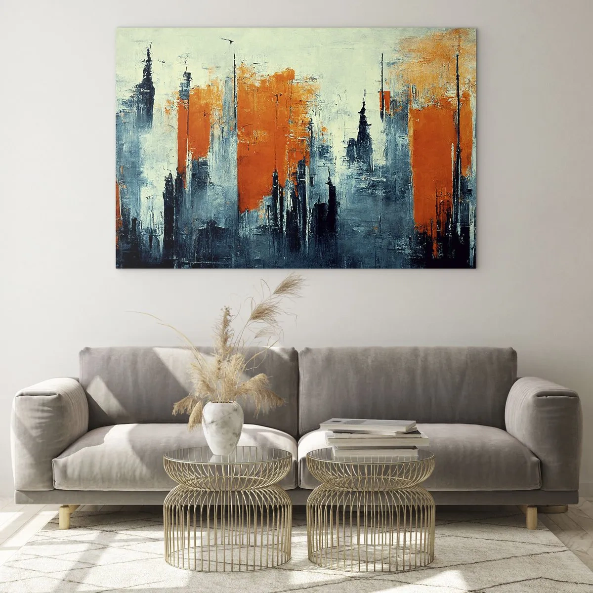 Schilderen op glas - Een modern stadsgezicht in tinten grijs en oranje - 70x50cm - Modern landschap - Moderne wanddecoratie voor woonkamer en slaapkamer ARTTOR