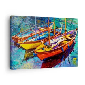 Schilderen op canvas - Kleurrijke boten op kalm water - 70x50cm - Op water vol met kleuren - Moderne wanddecoratie voor woonkamer en slaapkamer ARTTOR