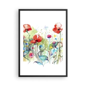 Poster in een zwarte lijst - Een aquarel van een weide met klaprozen en wilde bloemen. - 50x70cm - Bloeiende meiweide - Moderne wanddecoratie voor woonkamer en slaapkamer ARTTOR