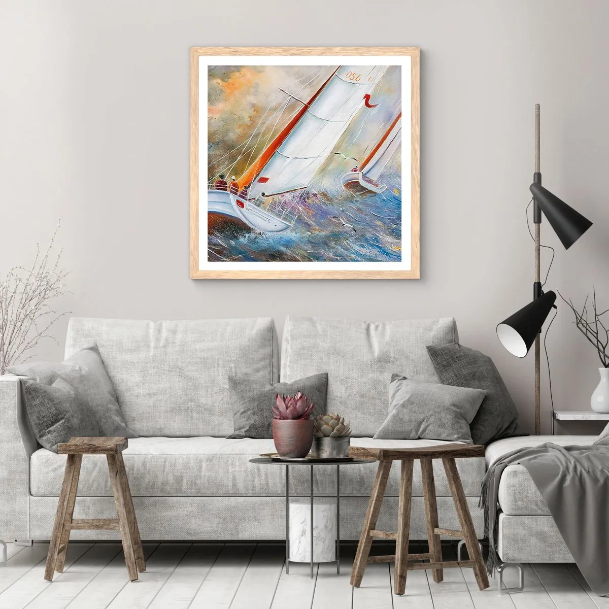 Een poster in een licht eiken lijst - Lopend op de golven  - 60x60 cm