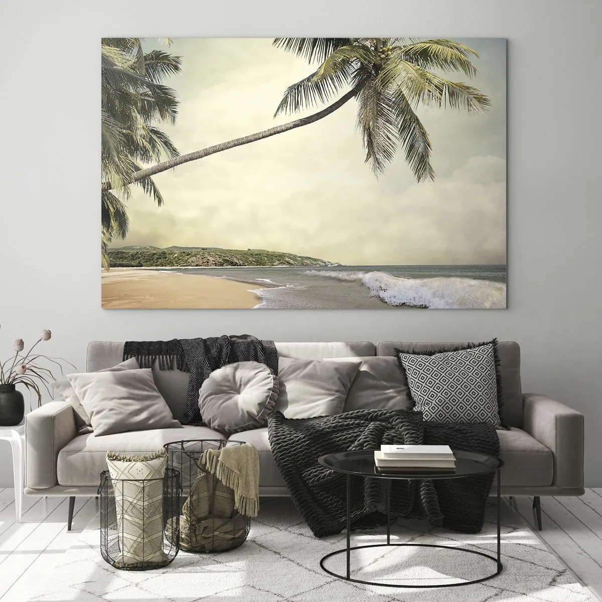 Schilderen op glas - Tropisch strand met palmbomen en golven - 70x50cm - Tropische droom - Moderne wanddecoratie voor woonkamer en slaapkamer ARTTOR