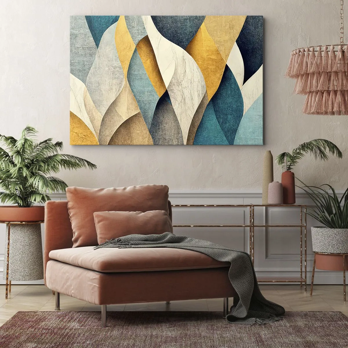 Schilderen op canvas - Abstracte golven in tinten blauw en goud - 70x50cm - Ritme en beweging - Moderne wanddecoratie voor woonkamer en slaapkamer ARTTOR