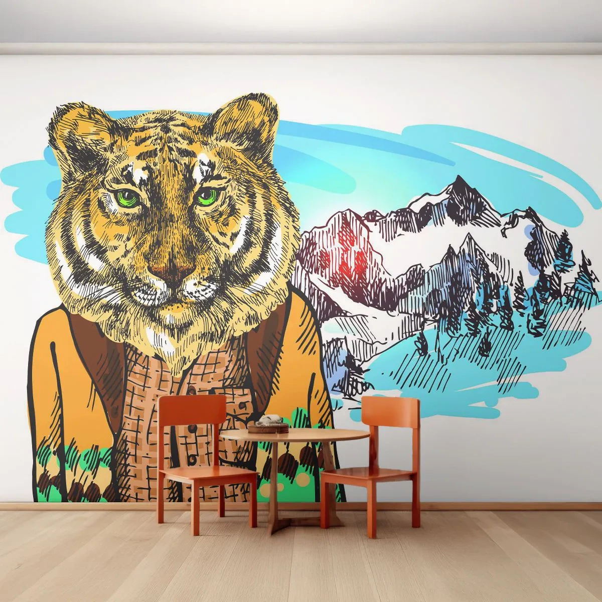 Fotobehang Premium Sand - Niet zo wild als ze hem tekenen - Abstractie, Tijger, Bergen - 350x256 cm