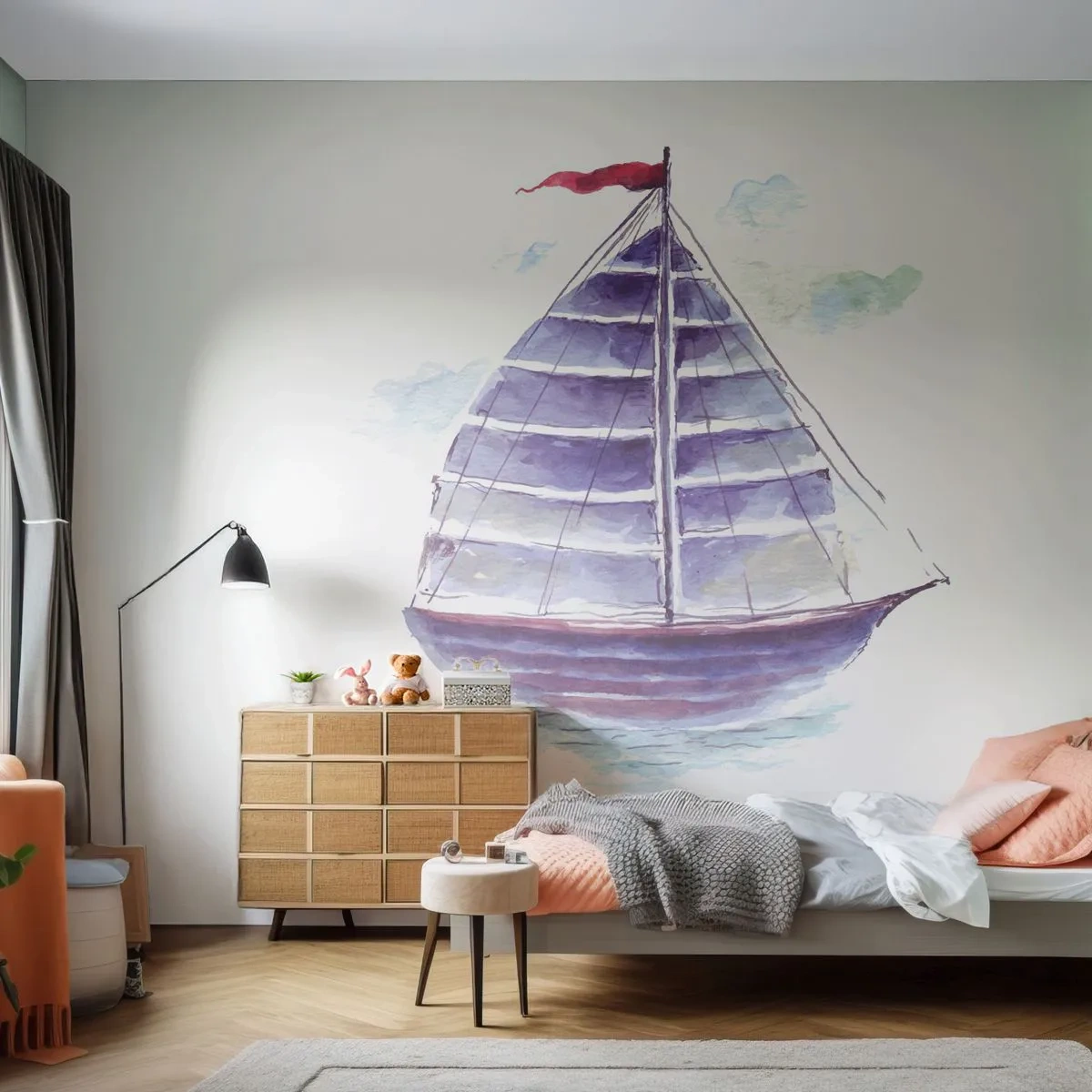 Fotobehang Premium Canvas - Volle zeilen en rustig water - Zeilboot, Kust, Zee - 250x175 cm