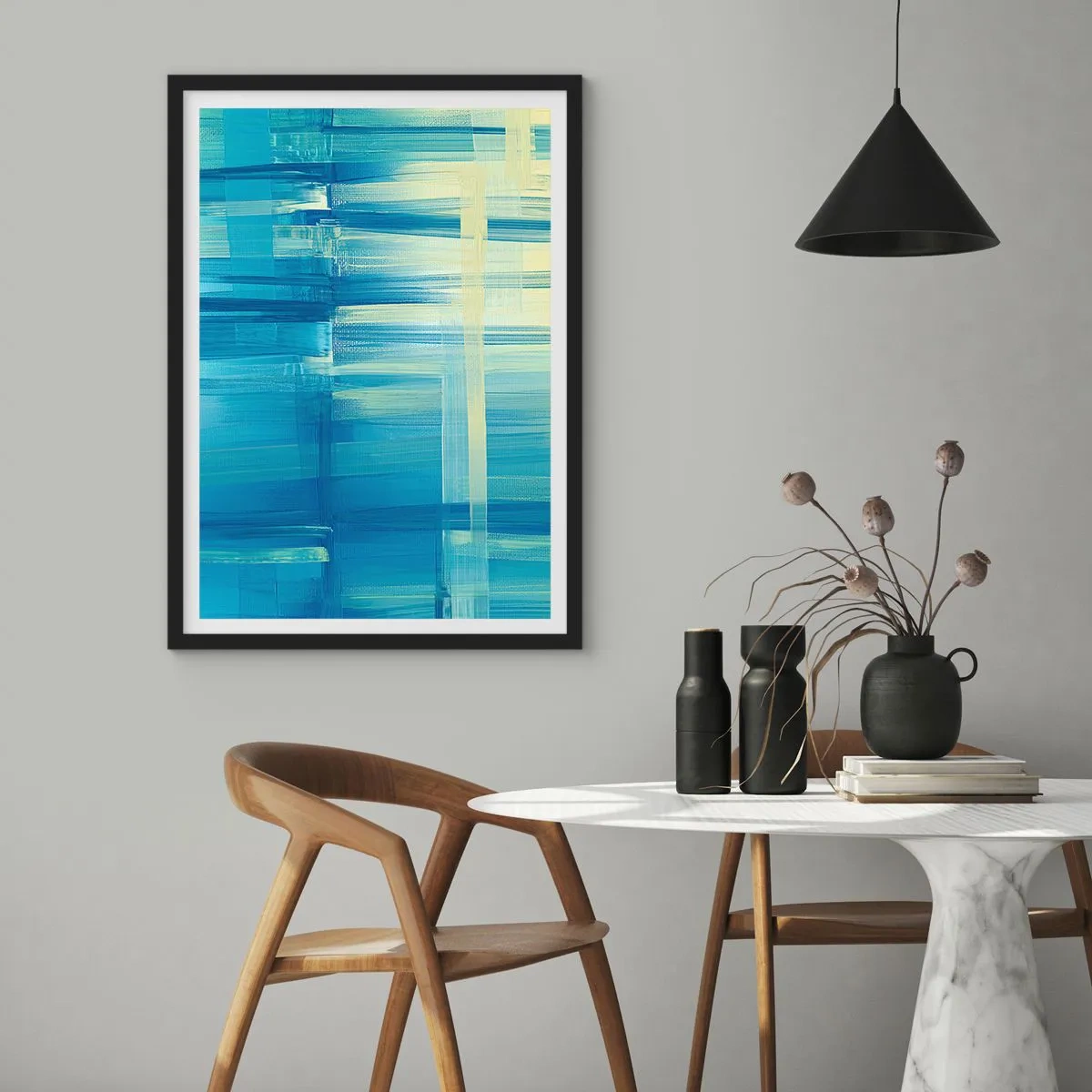 Poster in een zwarte lijst - Abstracte compositie in tinten blauw en geel - 50x70cm - Compositie in turkoois - Moderne wanddecoratie voor woonkamer en slaapkamer ARTTOR