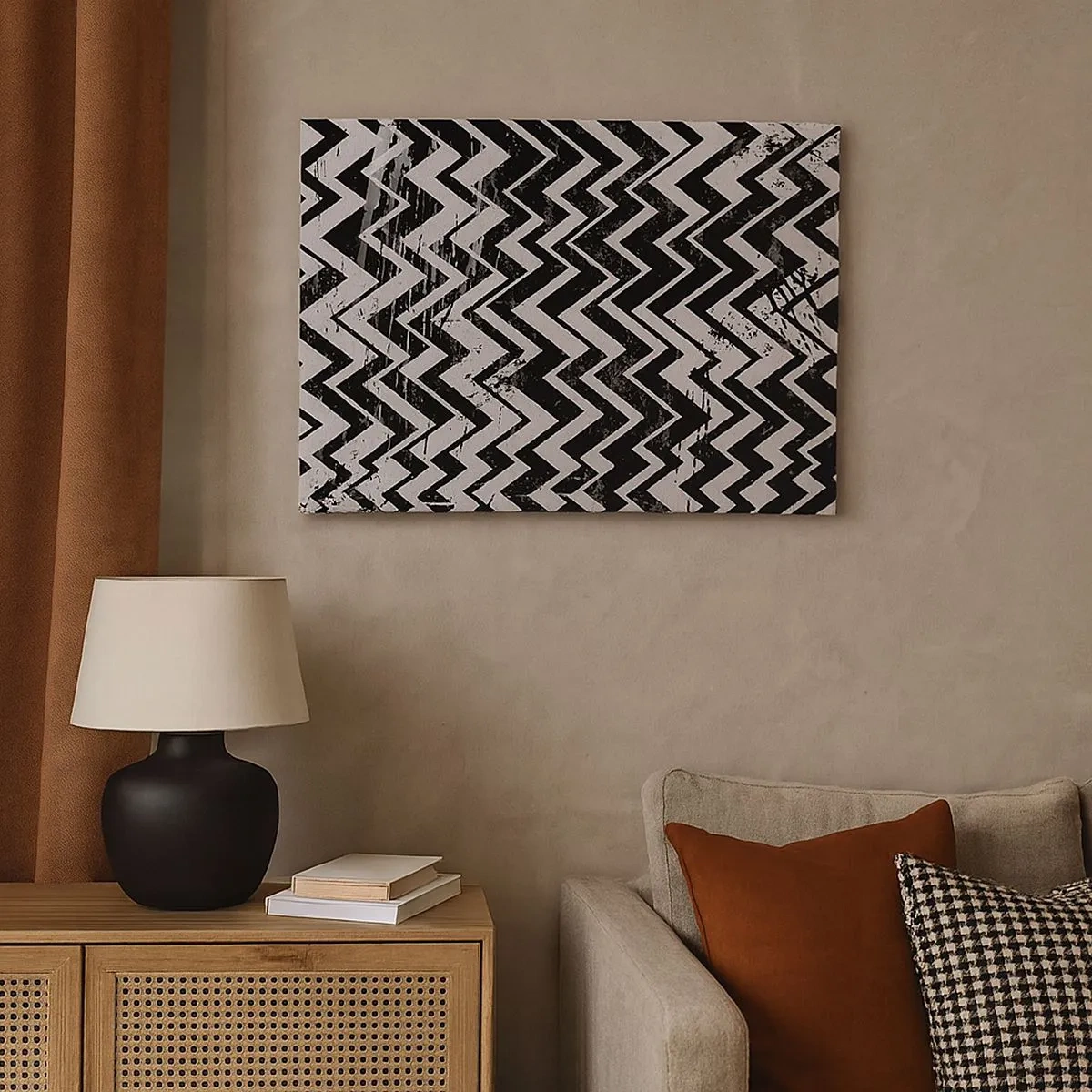 Schilderen op canvas - Zwart-wit zigzagpatroon met artistieke schaafwonden - 70x50cm - Zyg-wit, zag-zwart - Moderne wanddecoratie voor woonkamer en slaapkamer ARTTOR