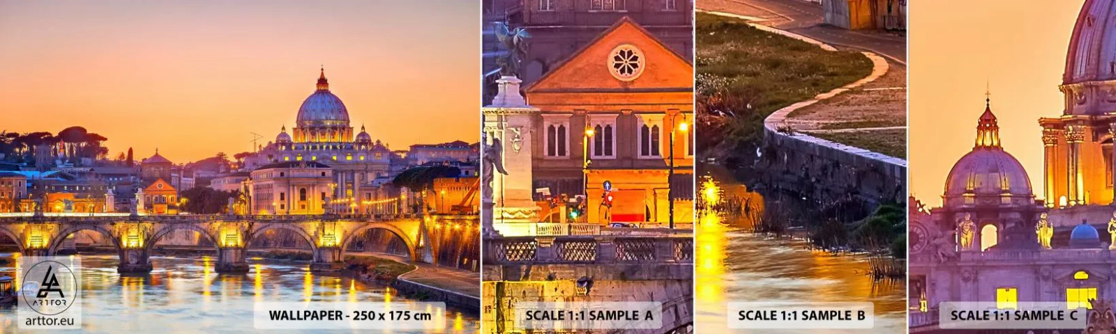 Fotobehang Staaltje Standard Eco - Zonsondergang boven de Eeuwige Stad - Stad, Rome, Architectuur - 100x30 cm