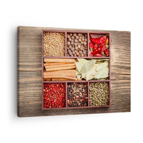 Schilderen op canvas - Houten kist met diverse kruiden in vakjes - 70x50cm - Volgorde van vormen, boeket van aroma's - Moderne wanddecoratie voor woonkamer en slaapkamer ARTTOR