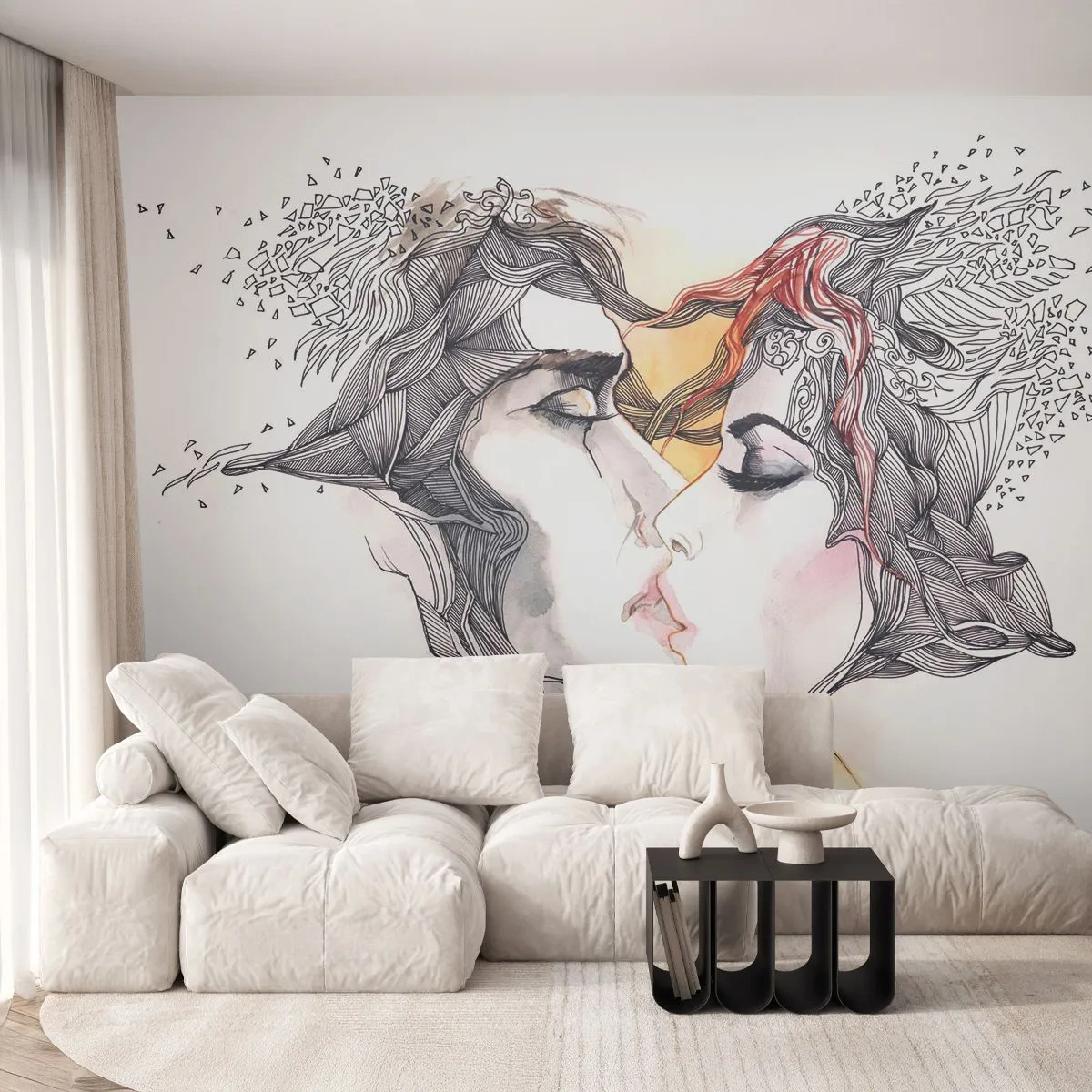Zelfklevend Fotobehang Deluxe Sticker - De wereld bestaat niet - Abstractie, Een paar geliefden, Kus - 250x175 cm