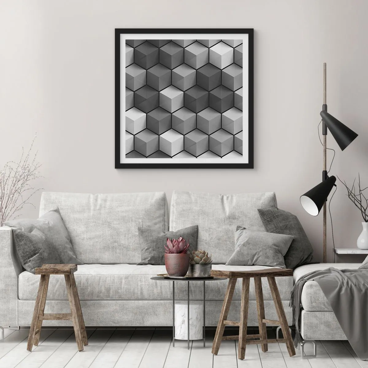Poster in een zwarte lijst - Kubistische puzzel - 60x60 cm