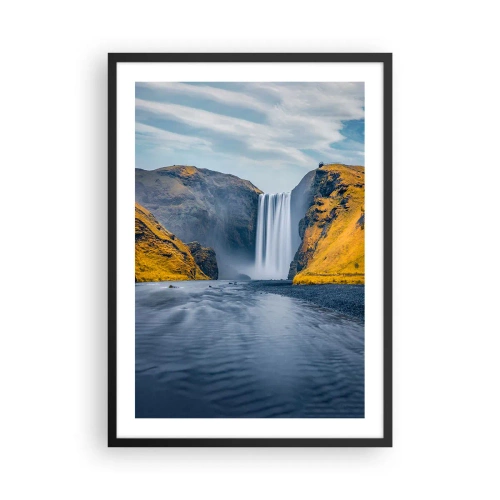 Poster in een zwarte lijst - Een waterval die van bergen stroomt, omgeven door gouden hellingen - 50x70cm - Eeuwige duur, eeuwige beweging - Moderne wanddecoratie voor woonkamer en slaapkamer ARTTOR