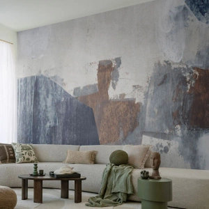 Fotobehang Premium Canvas - Blauwe en bruine vormen - Deel, Abstractie, Minimalisme - 500x350 cm