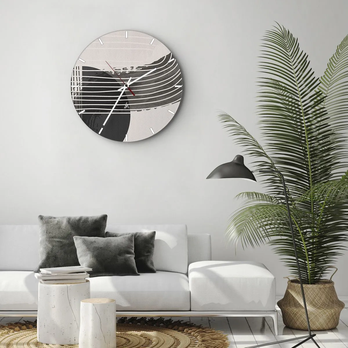 Wandklok - Klok - Geometrische compositie met lijnen en halve cirkels in grijstinten. - 30x30cm - Daar en terug - Moderne wanddecoratie voor woonkamer, keuken en slaapkamer ARTTOR