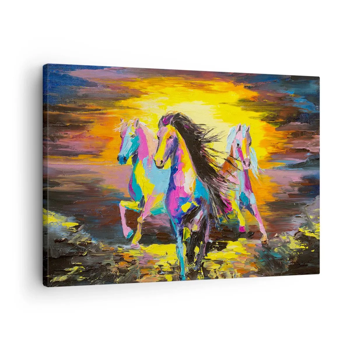 Schilderen op canvas - Kleurrijke paarden galopperen tegen de achtergrond van de ondergaande zon - 70x50cm - Ondergedompeld in de regenboog - Moderne wanddecoratie voor woonkamer en slaapkamer ARTTOR