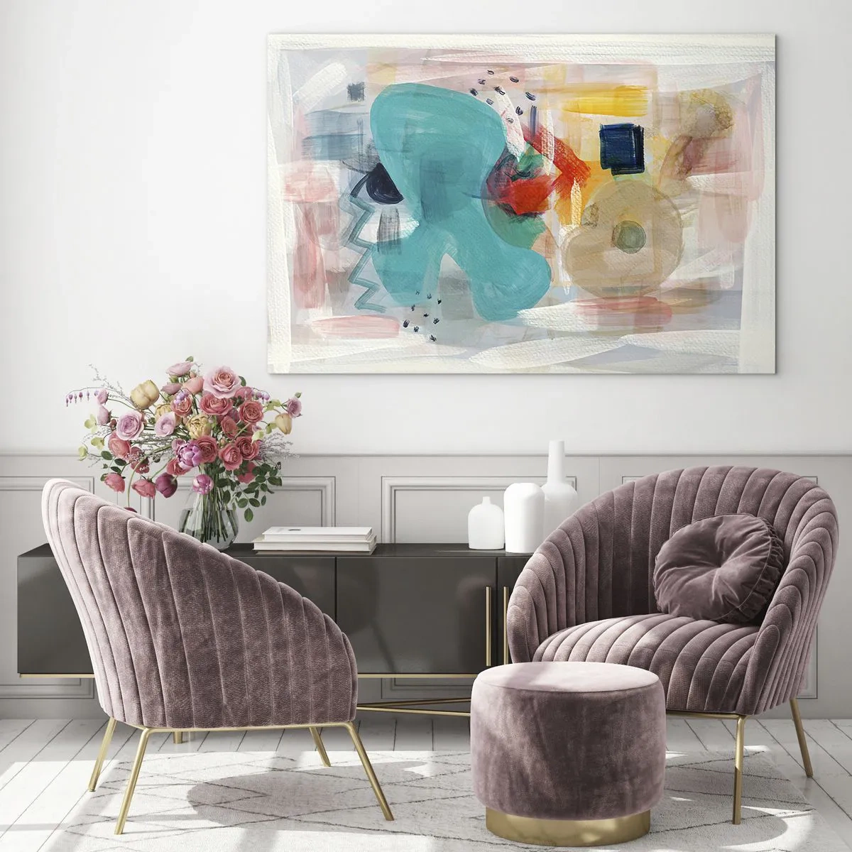 Schilderen op glas - Een kleurrijke abstractie met spatten turquoise, rood en beige. - 70x50cm - Kleurrijk spel - Moderne wanddecoratie voor woonkamer en slaapkamer ARTTOR