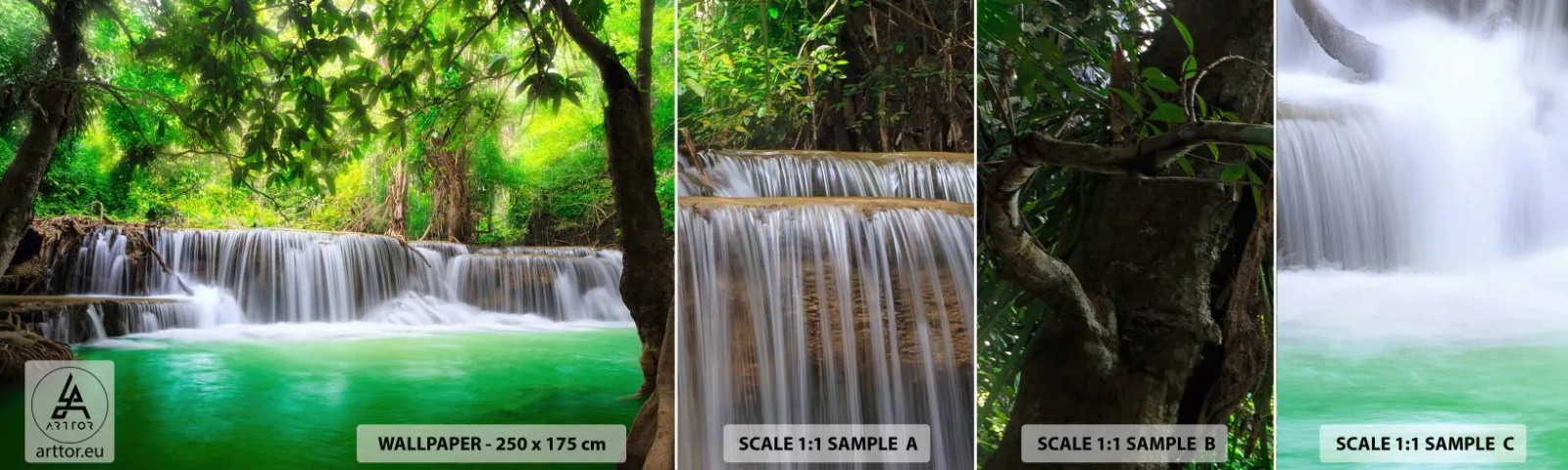 Fotobehang Staaltje Standard Eco - Een waterval in het groen - Landschap, Waterval, Nationaal Park - 100x30 cm