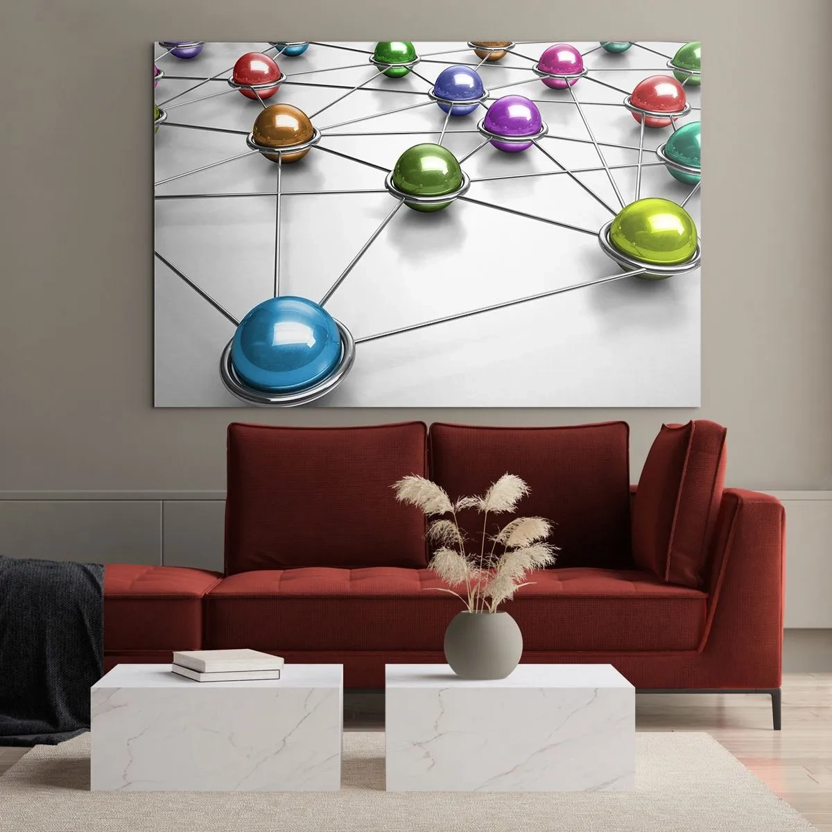 Schilderen op glas - Kleurrijke ballen verbonden door lijnen op een lichte achtergrond - 70x50cm - Kosmisch spinnenweb - Moderne wanddecoratie voor woonkamer en slaapkamer ARTTOR
