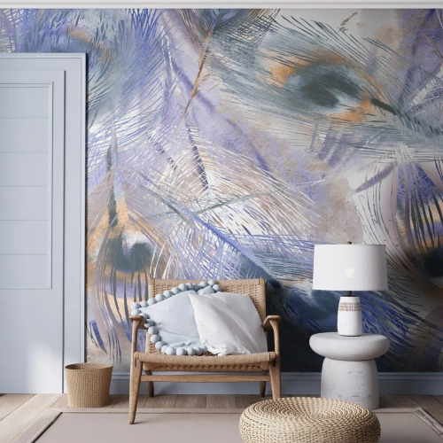 Fotobehang Premium Sand - Pauwenogen compositie - Abstractie, Pauwenveer, Boho - 100x70 cm