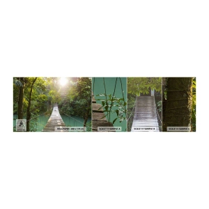 Fotobehang Monster Zelfklevend Deluxe Sticker - Over het azuurblauwe water naar het azuurblauwe woud - Landschap, Oerwoud, Houten brug - 100x30 cm