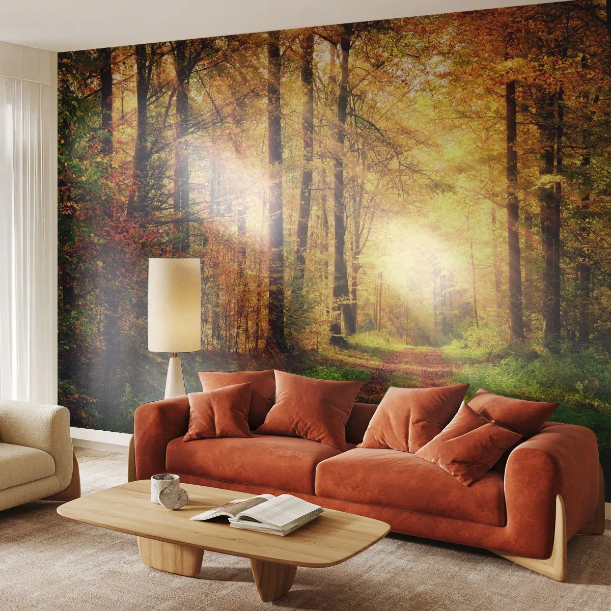 Fotobehang Standard Eco - Bos-gouden stilte - Landschap, Woud, Bosweg - 250x175 cm