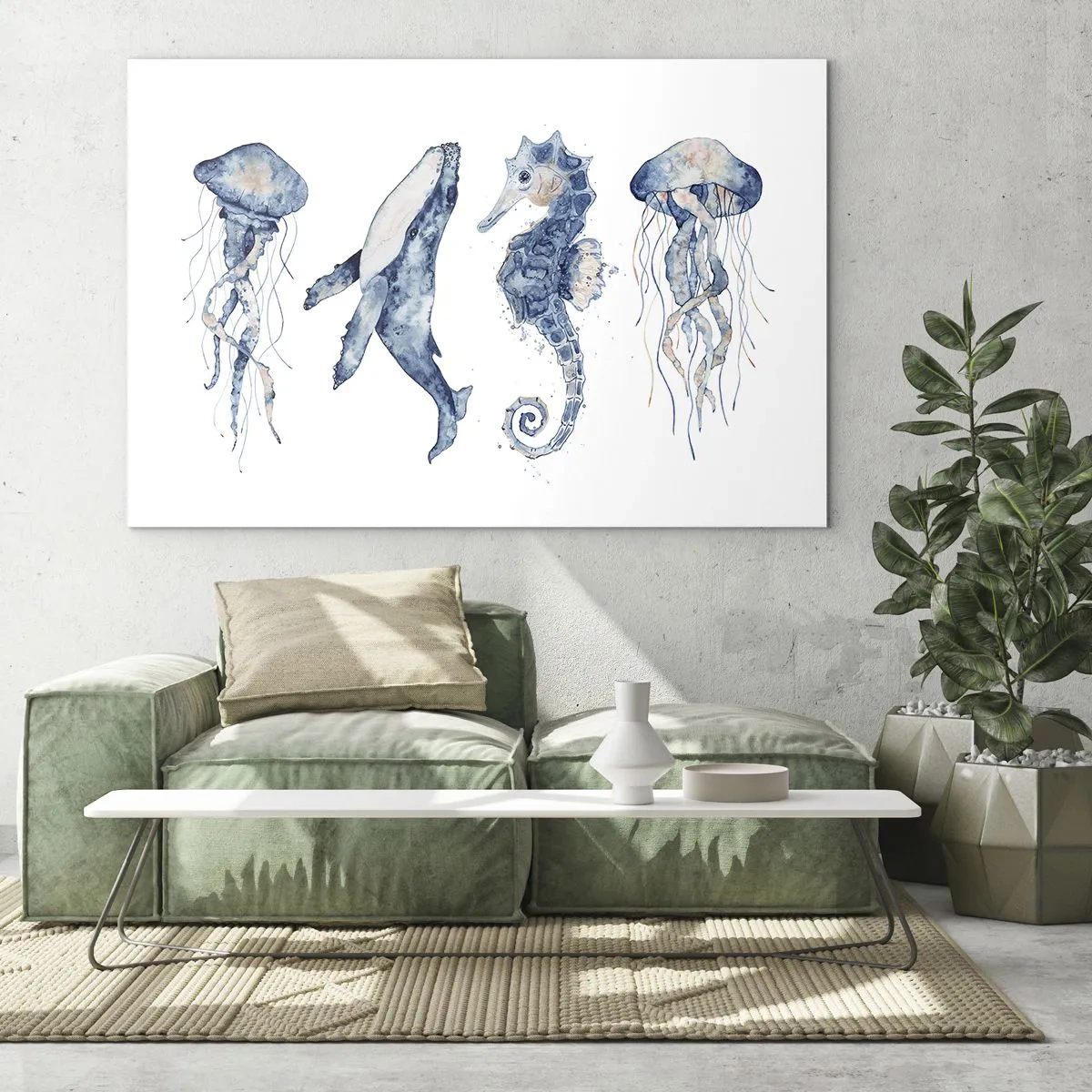 Schilderen op glas - Zeedieren in een delicate aquarelstijl - 70x50cm - Zee wonderen - Moderne wanddecoratie voor woonkamer en slaapkamer ARTTOR