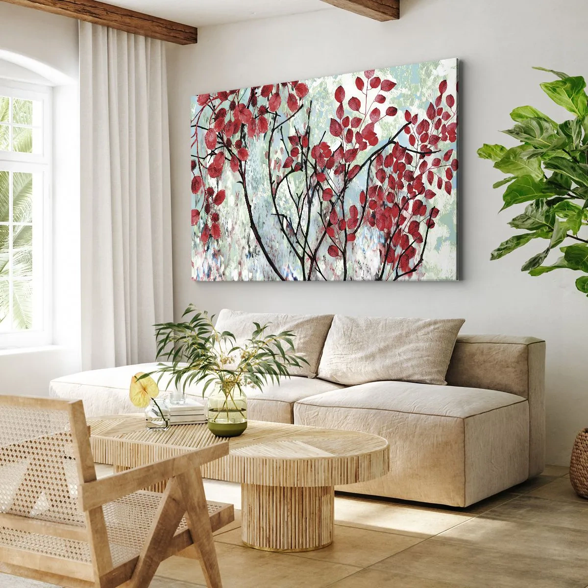 Schilderen op canvas - Rode bladeren tegen een heldere lucht met abstracte patronen - 70x50cm - Boom in scharlaken - Moderne wanddecoratie voor woonkamer en slaapkamer ARTTOR