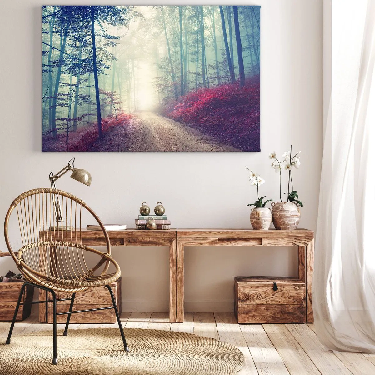 Schilderen op canvas - Een magisch bospad omgeven door bomen en mist - 70x50cm - Hoe goed om op te staan