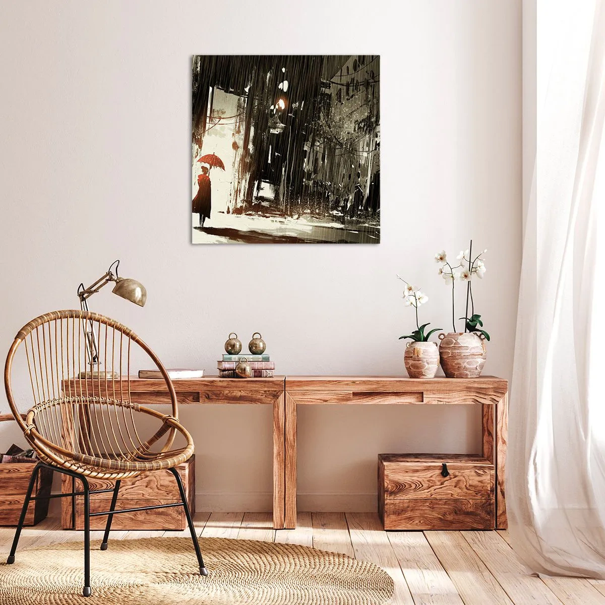 Schilderen op canvas - De poëzie van de rode paraplu - 70x70 cm