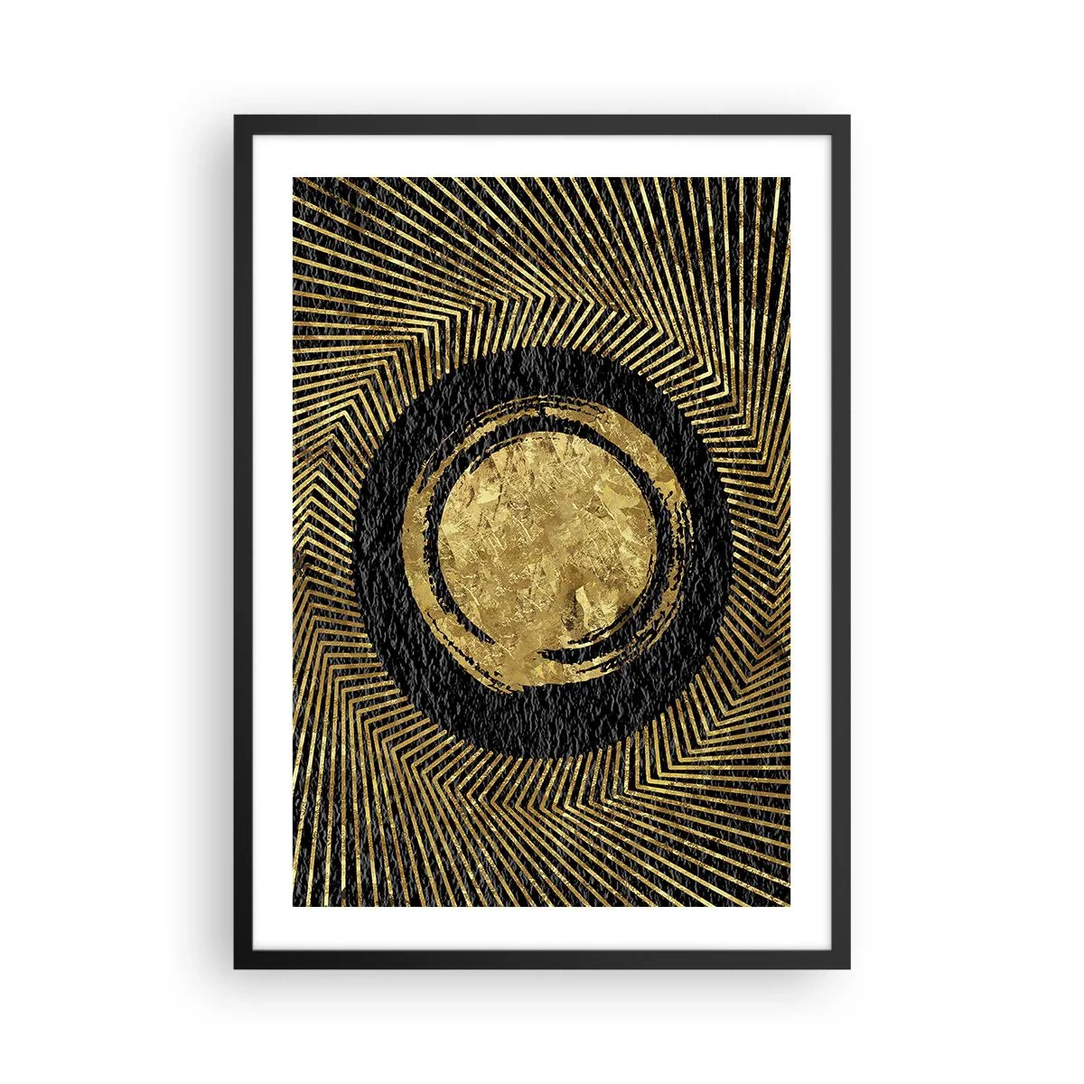Poster in een zwarte lijst - Gouden geometrische abstractie op een zwarte achtergrond - 50x70cm - Glamour-compositie - Moderne wanddecoratie voor woonkamer en slaapkamer ARTTOR