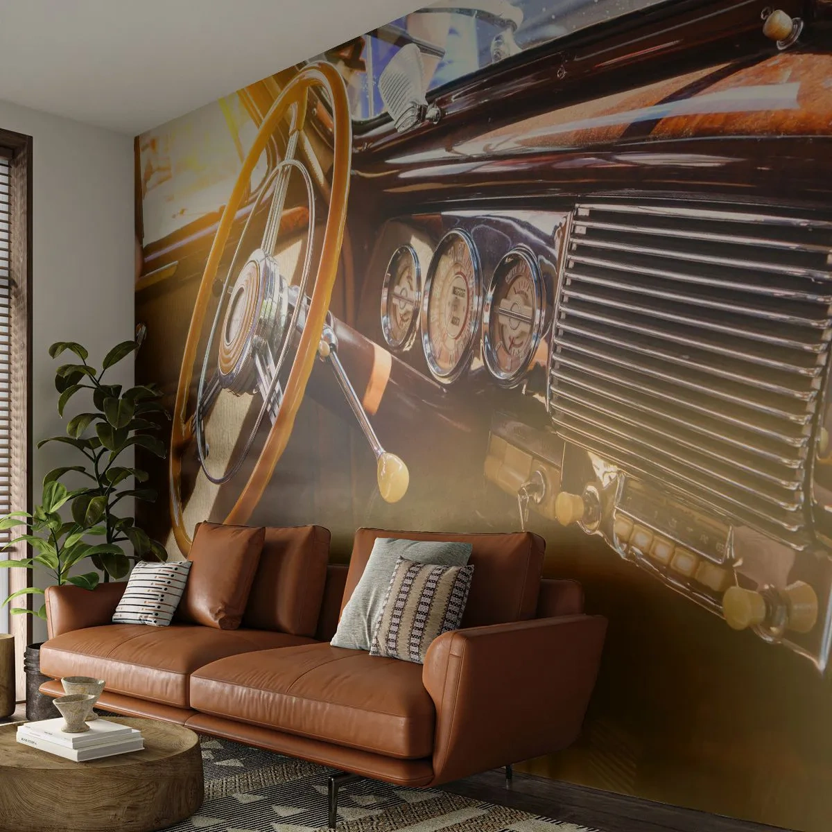 Zelfklevend Fotobehang Deluxe Sticker - Een adem van luxe uit het verleden - Vintage auto, Automobiel, Dashboard - 150x105 cm