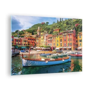 Schilderen op glas - Kleurrijke gebouwen aan de haven in een pittoresk stadje - 70x50cm - Italiaanse ochtend - Moderne wanddecoratie voor woonkamer en slaapkamer ARTTOR