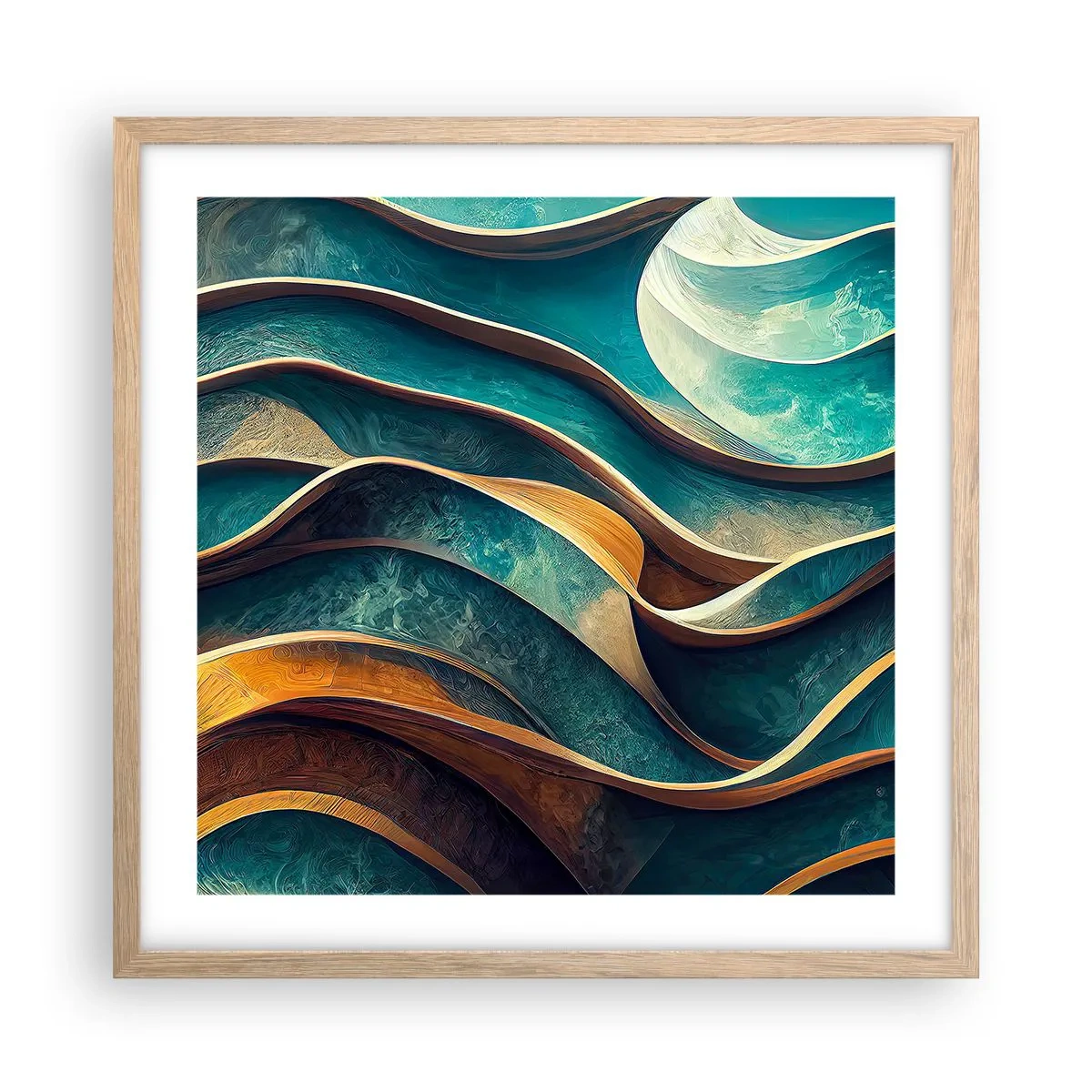 Een poster in een licht eiken lijst - Meanders van blauw - 50x50 cm