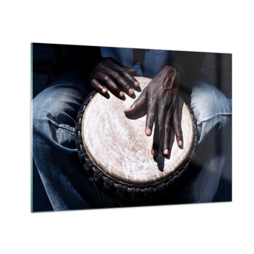 Schilderen op glas - Close-up van handen die een djembe bespelen - 70x50cm - Leef in je eigen ritme - Moderne wanddecoratie voor woonkamer en slaapkamer ARTTOR