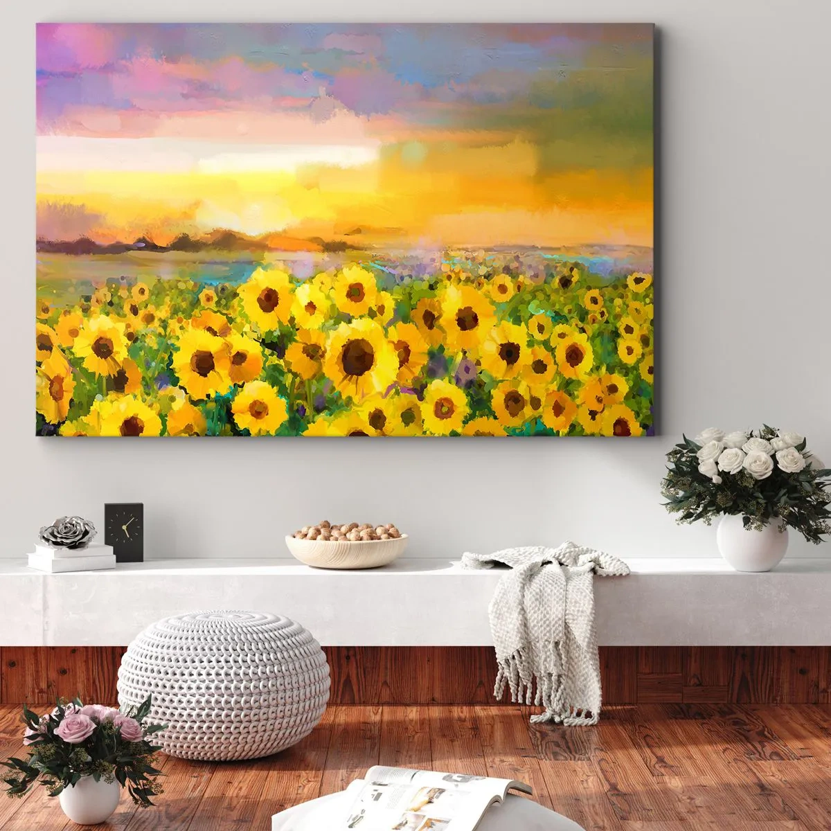 Schilderen op canvas - Een veld zonnebloemen in het licht van de ondergaande zon - 70x50cm - De zon zelf daalde naar de aarde - Moderne wanddecoratie voor woonkamer en slaapkamer ARTTOR